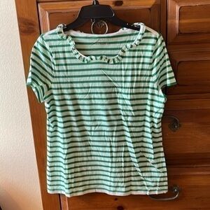Talbots Women’s Green And White Striped Tee Size Large NWOT